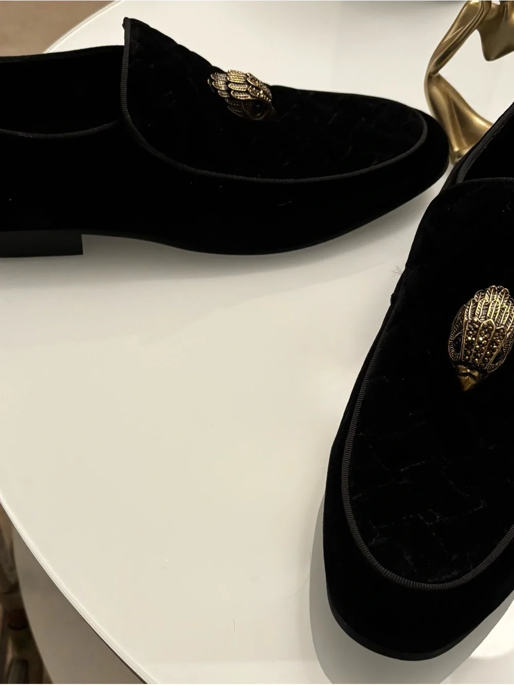 Kurt Geiger Black Velvet Slip-On Loafers with Ornate Gold Emblem